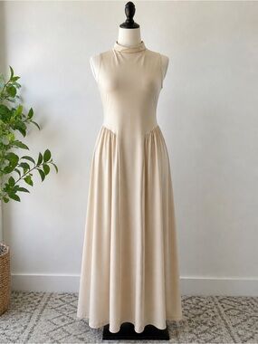 SHEIN Drop Waist Maxi Dress Sleeveless Mock Neck Apricot Beige Size M - EUC